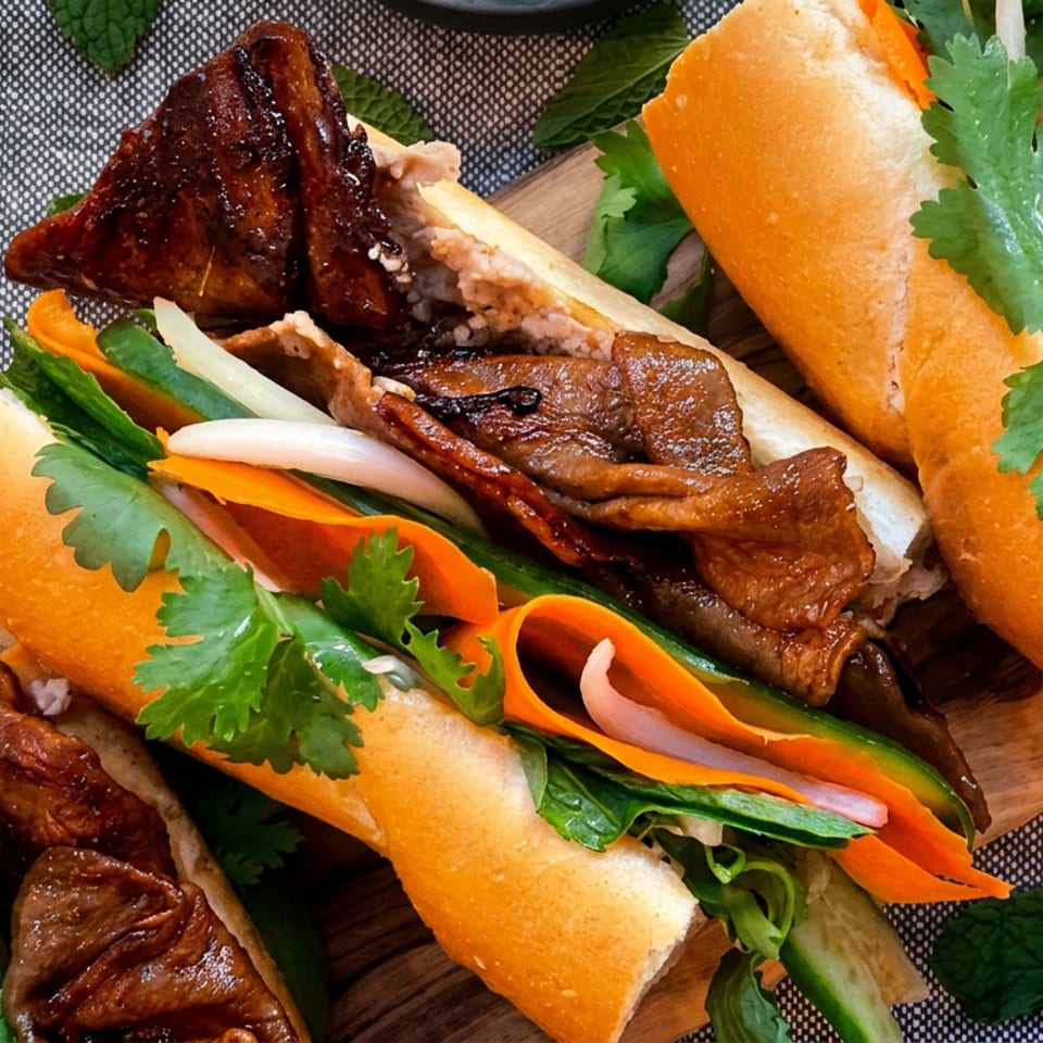 Three Vietnamese bánh mì sandwiches filled with grilled meat, pickled carrots, cucumber, cilantro, and fresh herbs on a wooden board.