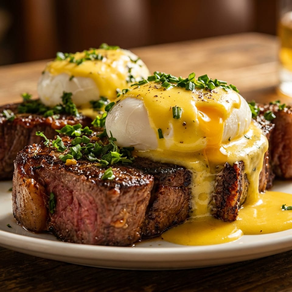 Grilled steak medallions topped with poached eggs, hollandaise sauce, and chives on a white plate, with whiskey nearby.
