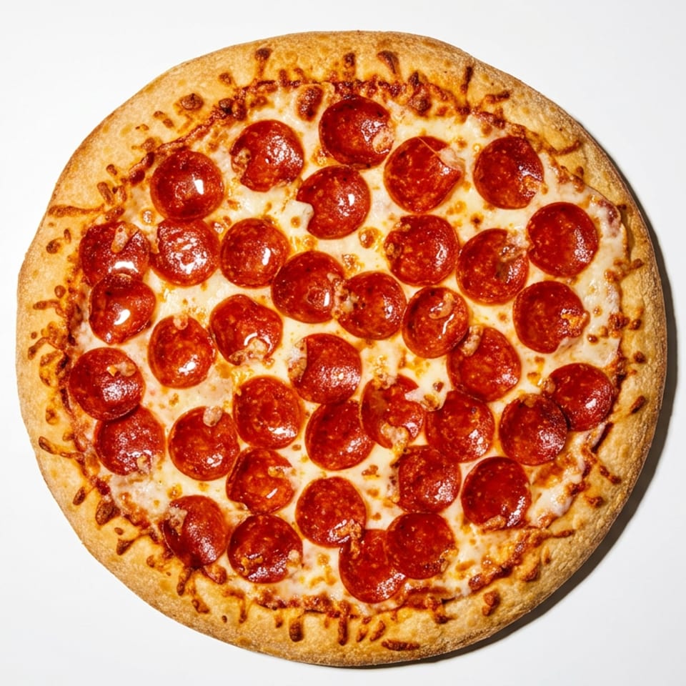 Whole pepperoni pizza with melted cheese and golden crust, shown from above against a white background.