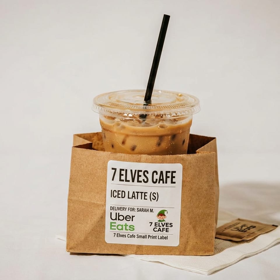 Iced latte in a clear cup with a straw, packaged in a 7 Elves Cafe delivery bag beside napkins.