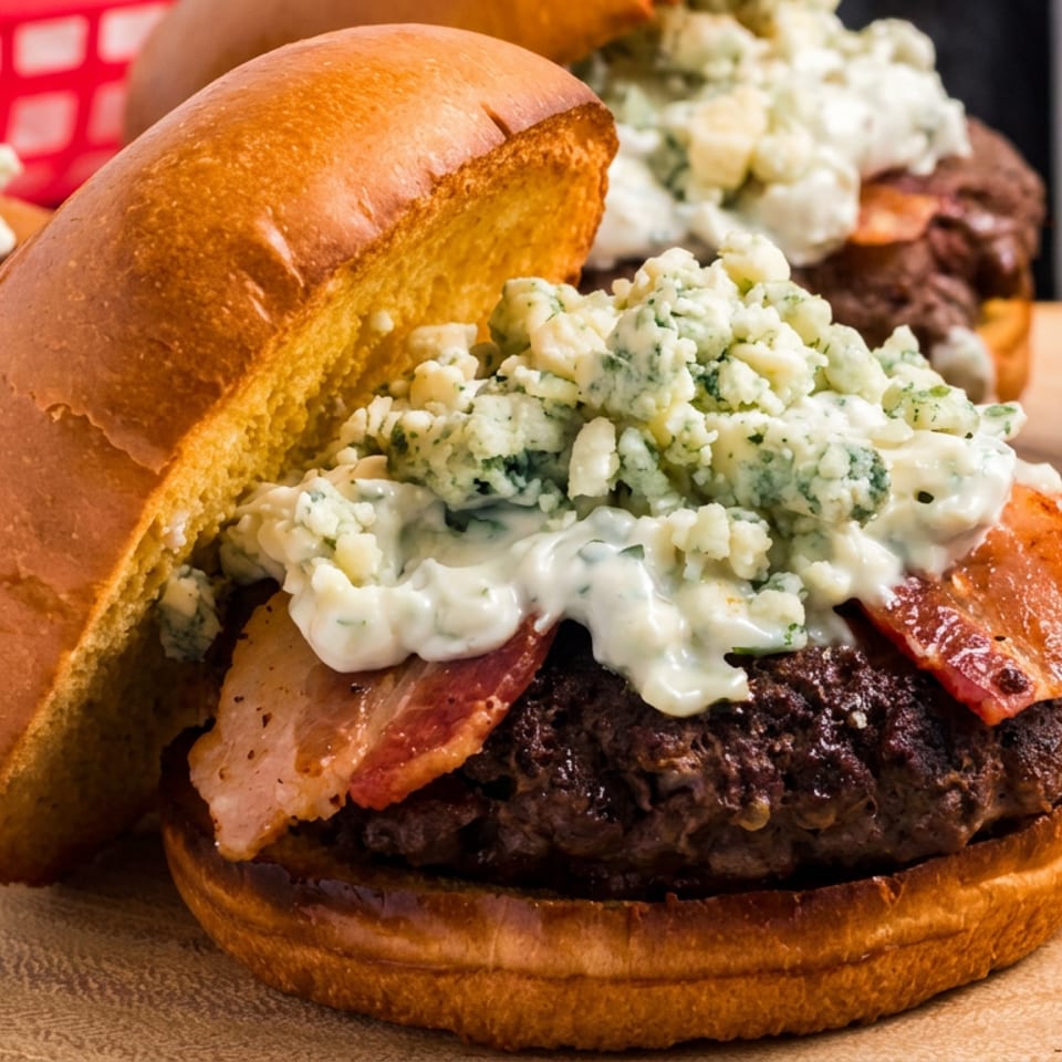Gourmet beef burger with bacon and creamy blue cheese topping on a brioche bun, with additional burgers in the background.