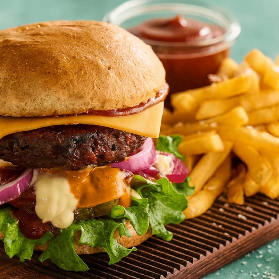 Gourmet cheeseburger with lettuce, onions, sauces, and tomato served alongside golden fries on a wooden board.